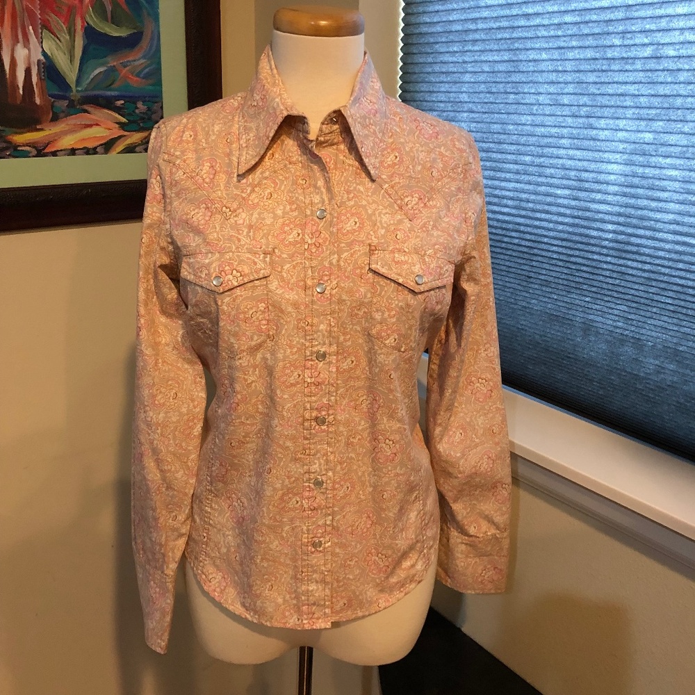 Vtg 80s GAP Lady's Western Shirt, Pink Floral Print, Pearl Snaps, Rodeo Queen